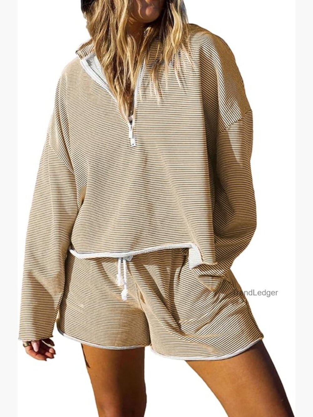 Women's 2-Piece Cotton Lounge Set Quarter Zip Pullover Drawstring Shorts